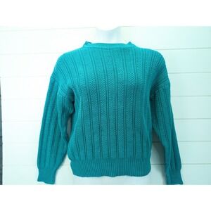 Vintage Cable Knit Sweater Women Large Teal 80s 90s Jewel Tone Coastal Mom Prep